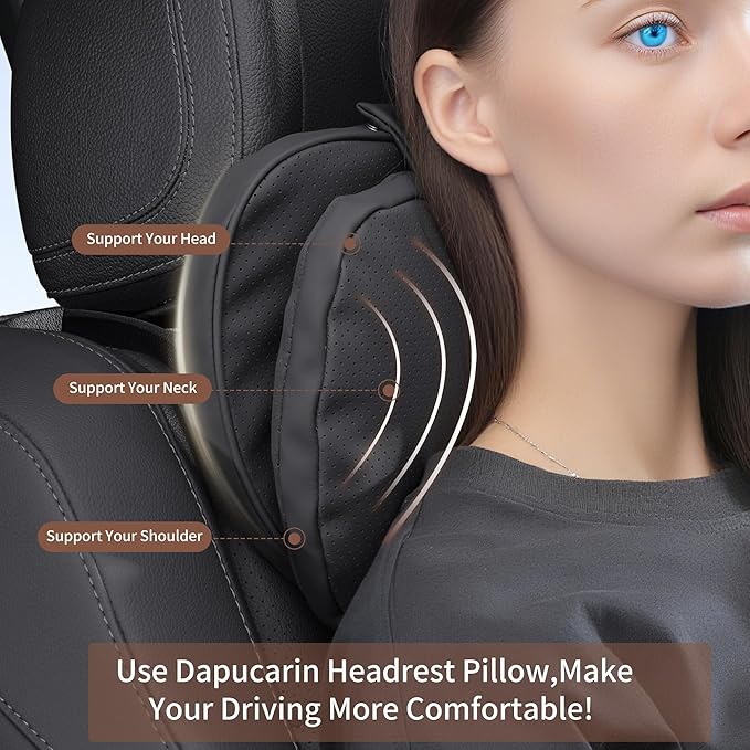 Car Headrest Pillow for Driving, Dual-Sided Leather Design Neck Pillow, Breathable Softness Neck Support, Universal Fit Head Rest Travel Pillow, Black, 1 Pack