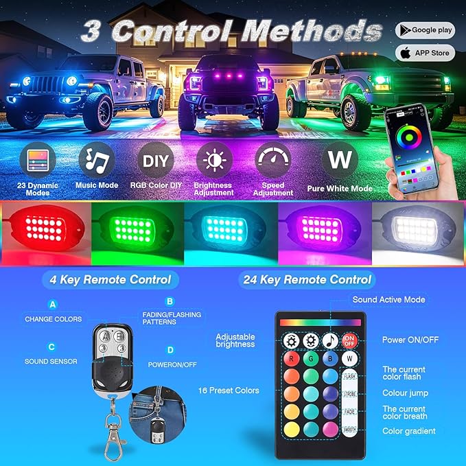 12Pods Heavy Duty Aluminum RGBW LED Rock Lights Kit for Trucks Pickup Jeep UTV ATV SXS Off-Road, APP/RF Remote, Plug and Play&Pre Wired IP67 Waterproof Multicolor Dual Zone 12V Underglow Accent Lights