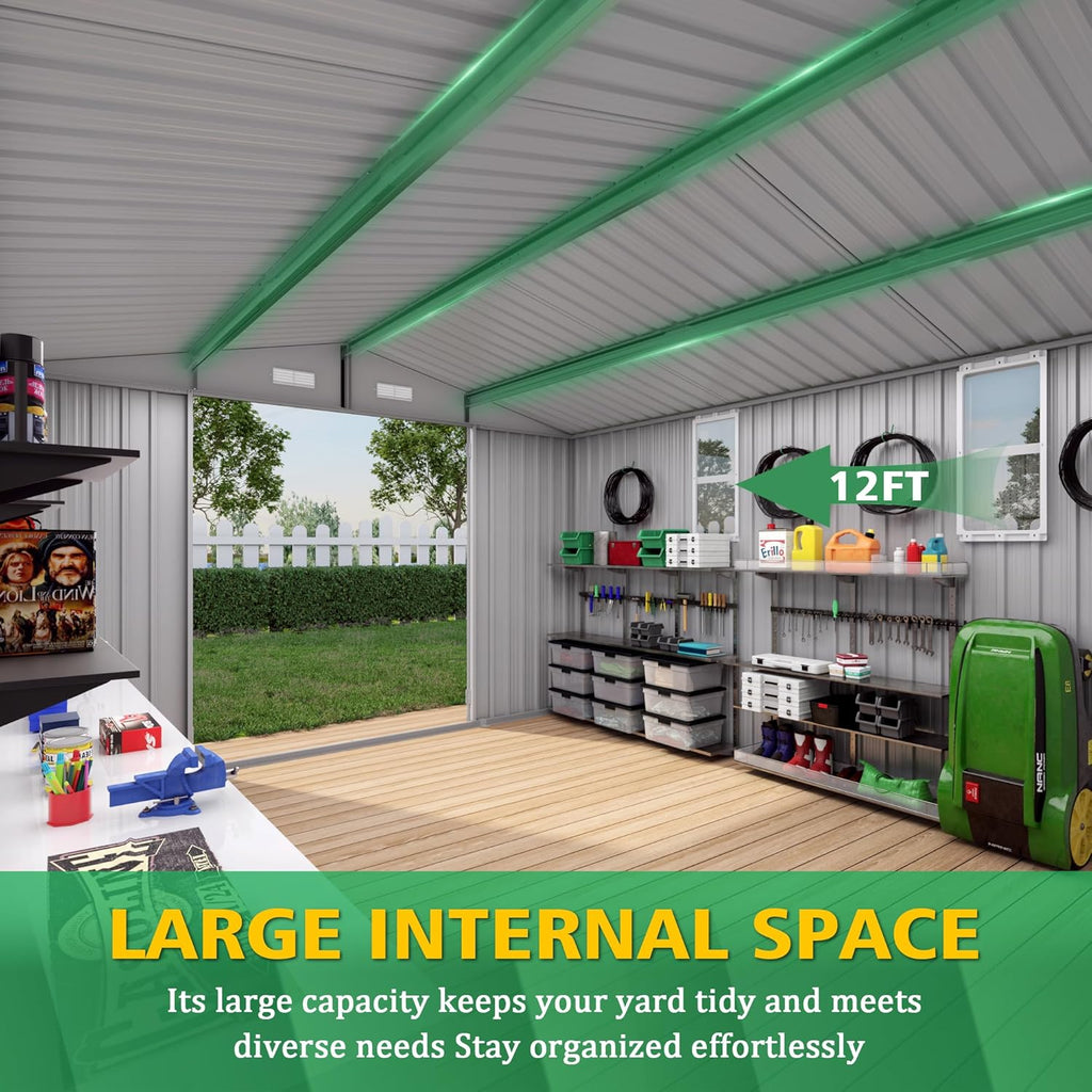 10 x 12 FT Large Outdoor Storage Shed w/ 2 Clear Window, Heavy Duty Metal Garden Sheds with Lockable Door & Air Vents, Waterproof Tool House for Bicycles, Tools, Backyards, Patios, Lawns, Gray