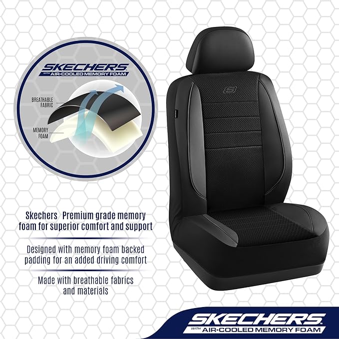 Skechers Air-Cooled Memory Foam Seat Covers,Mesh Thick Car Seat Covers,Piping Leather Car Seat Covers Front Seats,Airbag Compatible,Automotive Comfort Universal FitMost Cars,Vans,Truck,SUV,Black