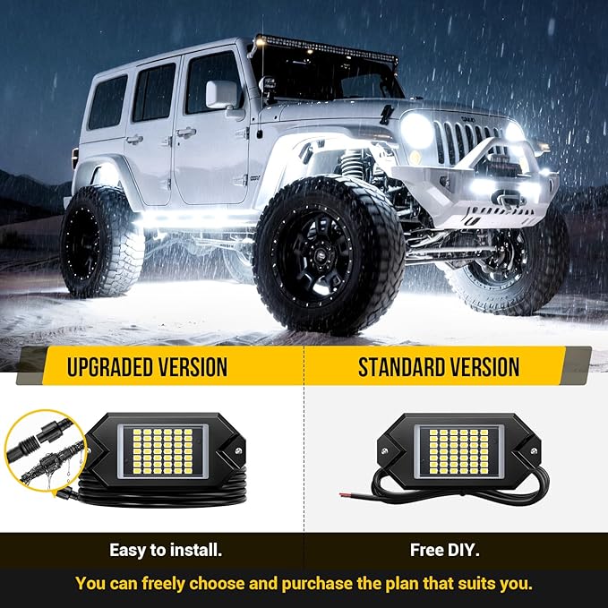 Hovano 8Pods Alloy White Rock Lights Kits with Extension Wires,6000K Pure White Color 42 LED Super Bright Chips IP68 Waterproof Underglow Kit for Pickup Off Road Trucks SUV ATV UTV Golf Car Boat