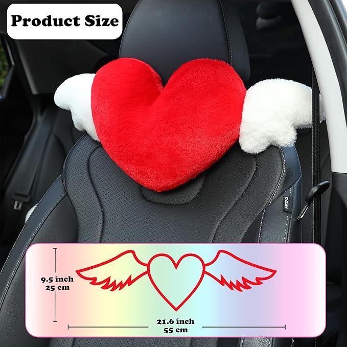 2 Pack Heart Shaped Cute Car Headrest Pillow with Angel Wings - Comfortable Soft Head Rest Cushion Kawaii Car Accessories Neck Pillow for Driving Travelling Office Home Decor - Red Love Heart