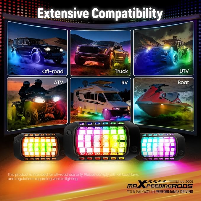 maXpeedingrods Rock Lights with 3D Lens, 12 Pods RGB Underglow Light Kits 432 LEDs, with Remote Control App Music Microphone Mode, Waterproof Wheel Lights for Off-raod Truck SUV Truck RV RZR Boat 12V