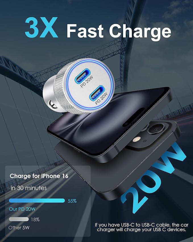 iPhone 17/17 Pro Max Car Charger Fast Charging, 40W Dual Port Fast USB C Car Charger Adapter + Type C Charging Block + 2x3FT USB C Cable Cord for iPhone 17/17 Pro/16/16 Pro Max/15/15 Pro/Plus, iPad