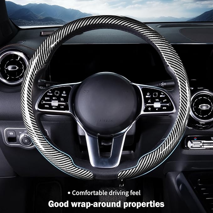 Car Steering Wheel Cover Carbon Fiber Snap On Steering Wheel Accessories Wrap 14.5-15 inch Universal Grip Anti-Skid Protector, Glossy Silver