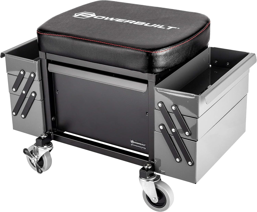 Powerbuilt Rolling Seat with Expandable Tool Trays, Roller Toolbox Garage Stool - Grey 941918ECE
