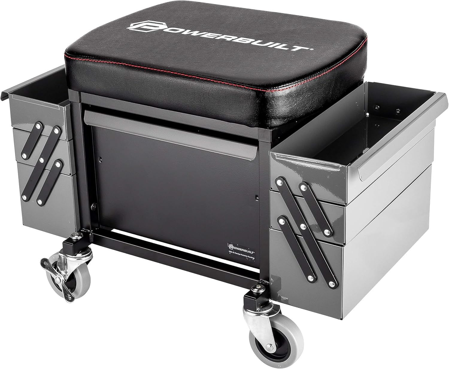 Powerbuilt Rolling Seat with Expandable Tool Trays, Roller Toolbox Garage Stool - Grey 941918ECE