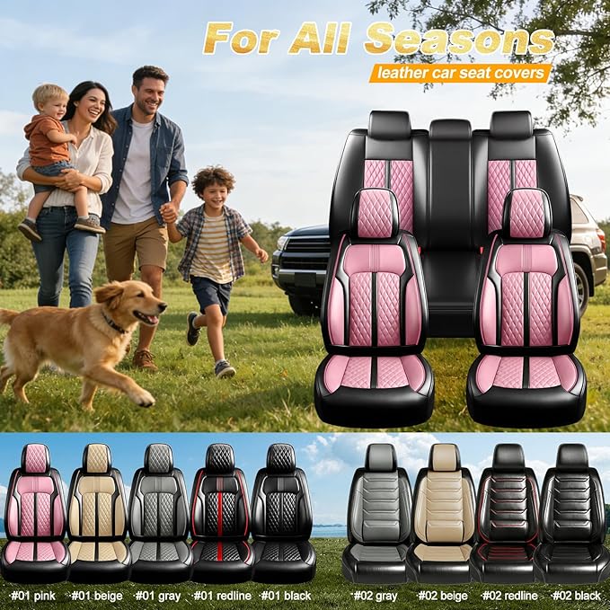 Fit CX-50 Car Seat Covers for Select Mazda CX50 2023-2026, Full Coverage Leather, Airbag Compatible, Luxury Waterproof All Weather Seat Protector, Full Set, Black+Pink
