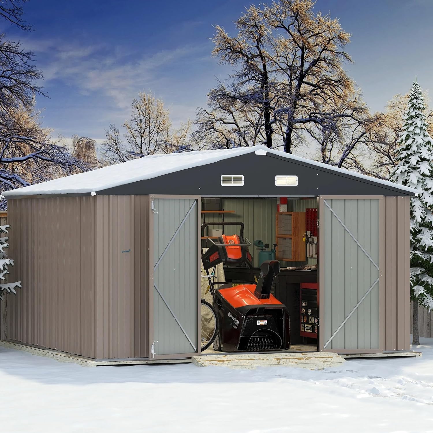 Greesum 10×10FT Outdoor Storage Shed, Metal Patio Storaged Sheds with Lockable Doors, Sheds & Outdoor Storage for Bike, Backyard, Pool and Garden, Brown