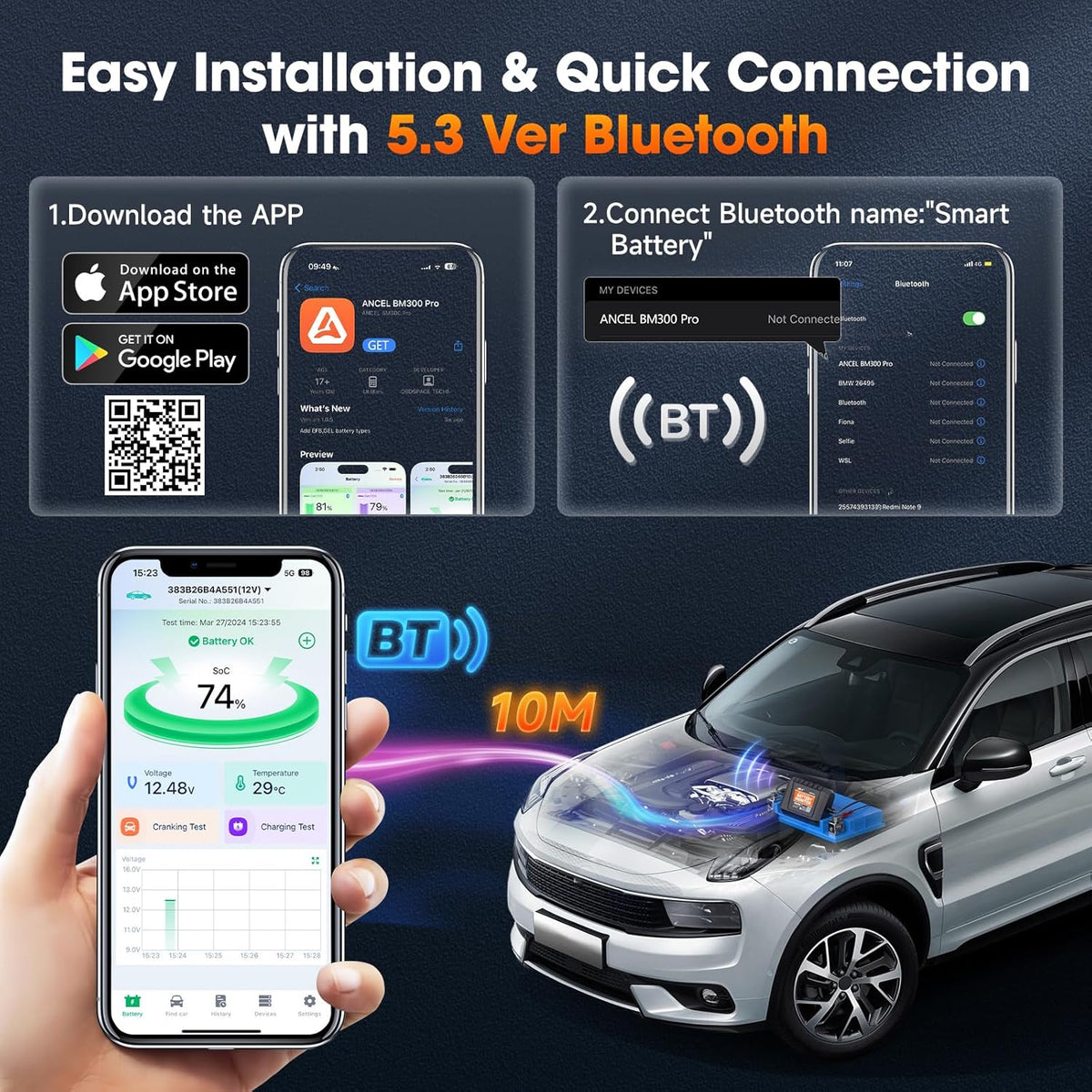(Upgraded BM300) ANCEL BM300 Pro 6V 12V 24V Battery Monitor - Bluetooth 5.3 Battery Monitor with Charging, Cranking System Test & Alarm - IP67 Waterproof Voltmeter for Trucks, Cars, Motorcycles, Boats