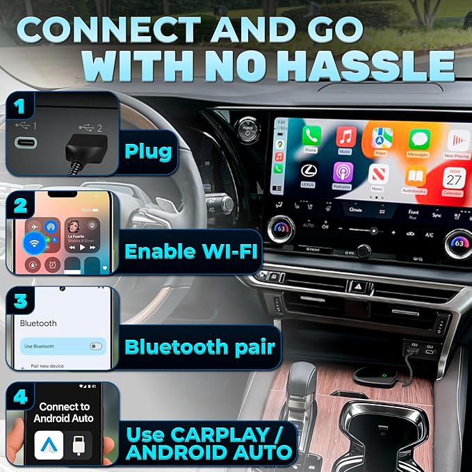 Wired to Wireless CarPlay Adapter for Android & iOS - Updated 2026, Easy Plug & Play Setup | Stable Connection for Seamless Drive | Bluetooth CarPlay Adapter for iPhone with WiFi | iOS 10+/Android11+