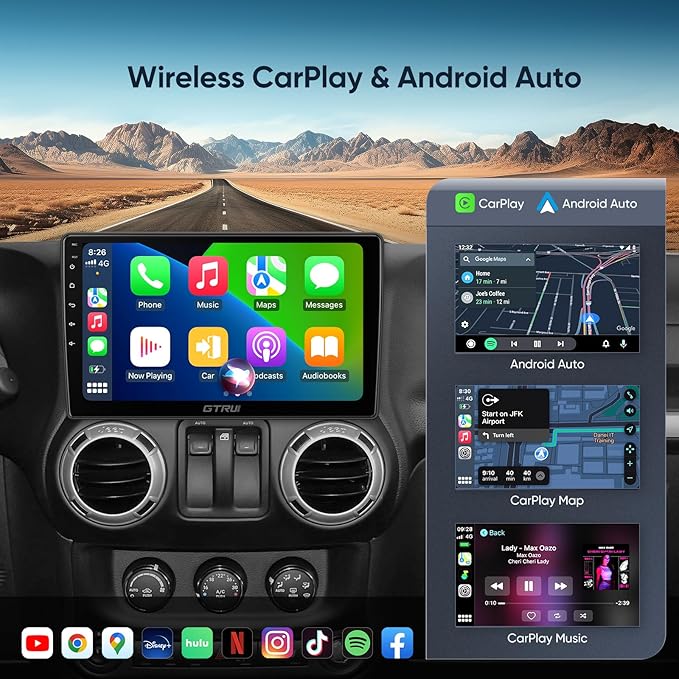 8-Core 4+64GB Android Car Stereo for Jeep Wrangler JK/Unlimited (2007-2018), Dodge Ram Grand Cherokee,Wireless CarPlay/Android Auto GPS BT WiFi Rear Camera 10.1" QLED