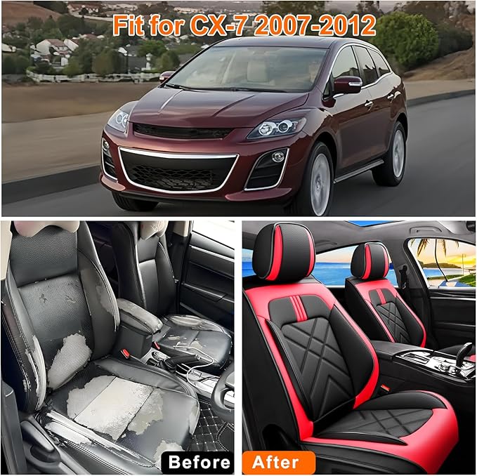 CX-7 Car Seat Covers Fit for Mazda CX-7 2007-2012, Full Coverage Premium Leather Waterproof Breathable Seat Covers, Automotive Seat Protectors, Airbag Compatible(2 Front Seats, Black & Red)