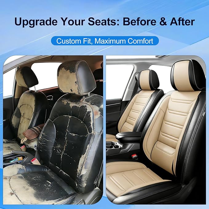 Fit CRV Car Seat Covers for Select Honda CR-V 2011-2026 - Premium Full Coverage Leather, Airbag Compatible, Waterproof & All Weather Seat Protector, Airbag Compatible, Front Pair Black+Beige