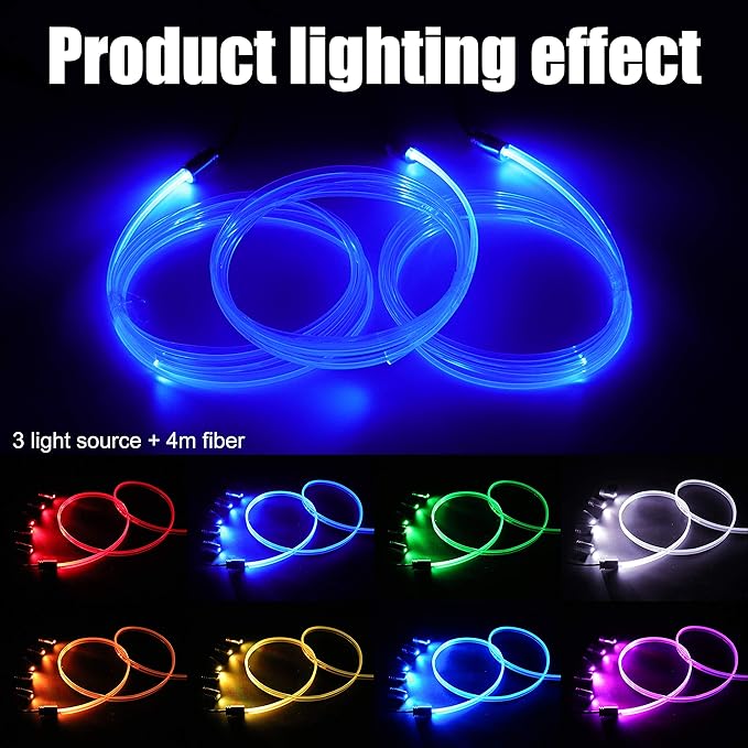 Car Interior Ambient Lighting Optic Fiber RGB 64 Colors Multicoloured Music Car Footwell Lighting Kit with Cigarette Lighter and App Microphone, 12-24V 4m