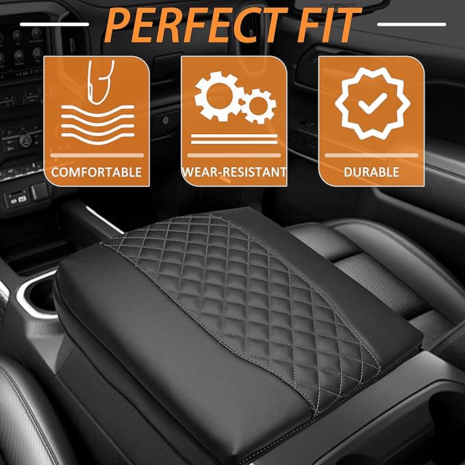 1.2in Thickness Center Console Cover for Chevy Silverado/GMC Sierra 1500 Accessories 2019-2025 2026, Tahoe & Suburban & Yukon 2021-2026 Armrest Cover Leather Cushion Protector Pad Bucket Seat (Black)