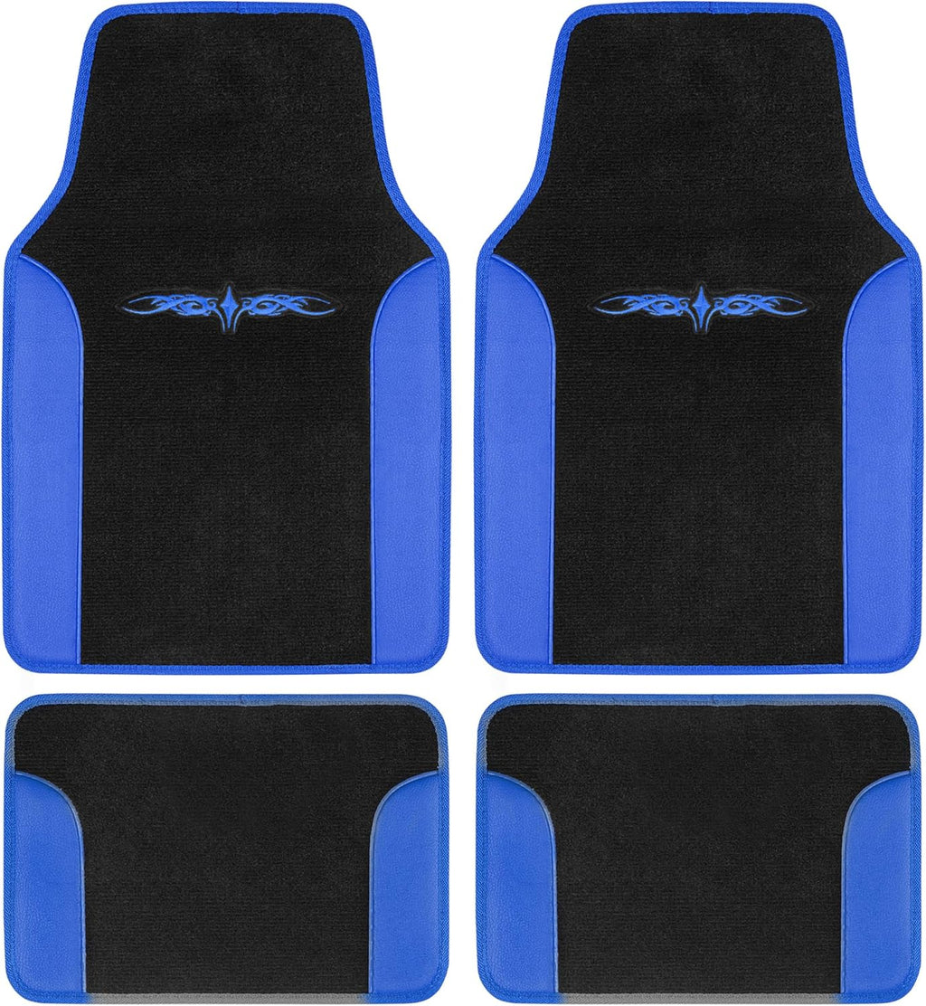 BDK carXS Fresh Two-Tone Carpet Floor Mats, Tribal Tattoo Design with Vinyl Trim for Car Sedan Truck SUV, Front & Rear Set of 4, Blue