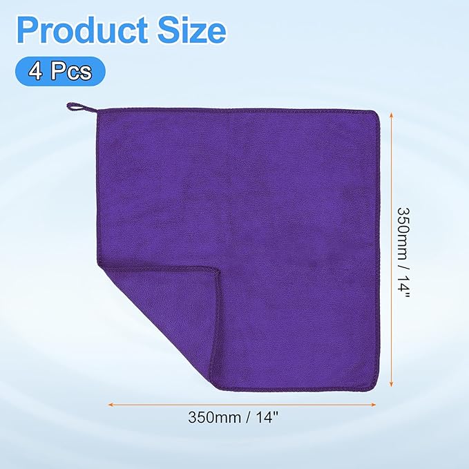 HARFINGTON 4 Pack Microfiber Cleaning Cloth, 14" x 14" Multi-Functional Cleaning Towels Reusable Absorbent Rags with Hook for Car Wash Kitchen Household Window Clean, Purple