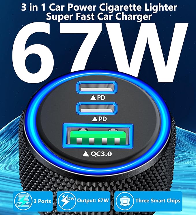 USB C Car Charger, Rombica 2Pack 3-Port 67W Dual PD USB-C&USB-A Car Power Cigarette Lighter USB Charger 3 in 1 PD/QC Type C Fast Car Charge for iPhone 17 17 Pro Max 16 15 14 13 12/Galaxy S26 S25/Pixel