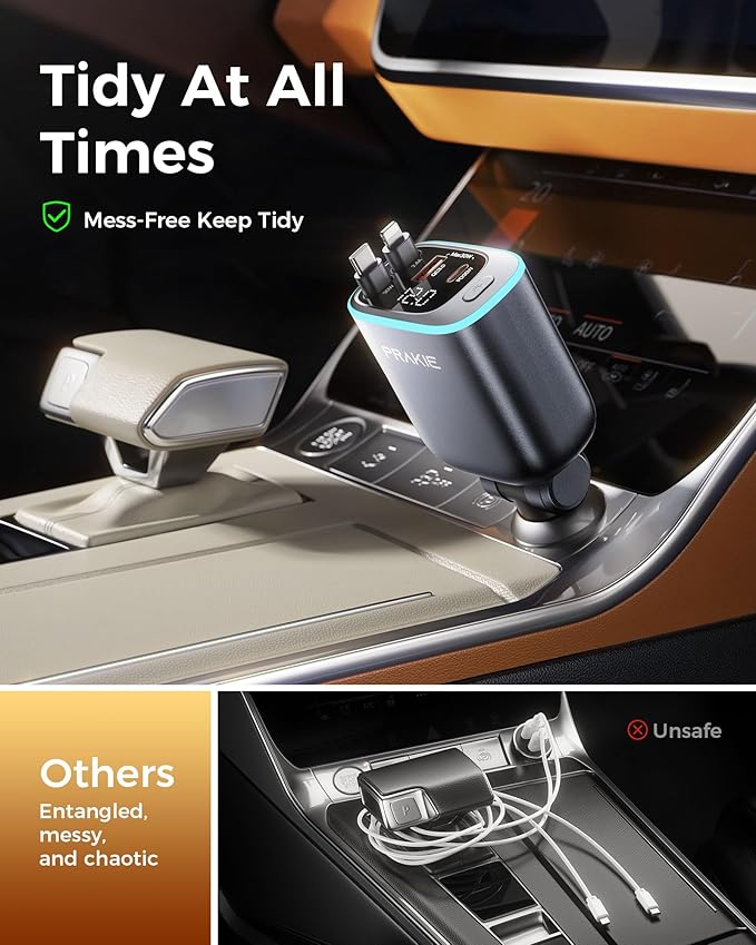 4 in 1 Car Charger, Retractable iPhone Car Charger Fast USB C Phone Charger, Cigarette Lighter with 2 Cable 25 Inch and 2 USB Ports, Multi Port USB Car Charging for iPhone 17/16/15/14/13 Pro Max-2Pack
