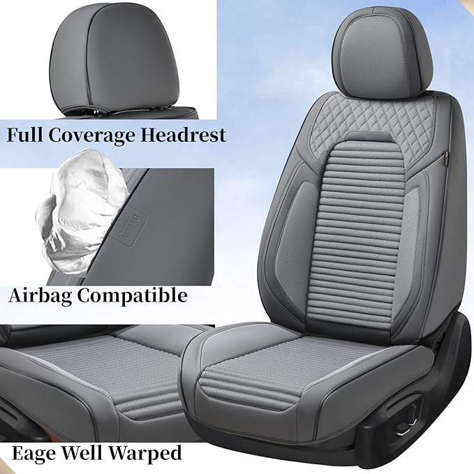 Coverado Car Seat Covers Full Set, Leather Seat Covers for Cars, Automotive Seat Cover Car Accessories Universal Fit for Most Cars SUV Trucks(Gray)