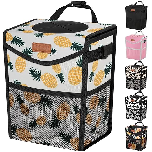 Pritent Car Trash Can with Lid, Cute Leakproof Car Trash Garbage Bag Hanging Vehicle Trash Bin Small Portable Automotive Garbage Cans Organizer for Back/Front Seat(Trapezoid,Pineapple Print