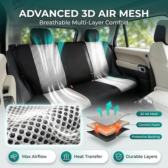 FH Group Automotive Full Car Seat Covers for SUV, Trucks, Sedan and More - Universal Fit Front High Back & Rear Solid Bench Design Interior Accessories - 3D Air Mesh Fabric Center Panel - Gray