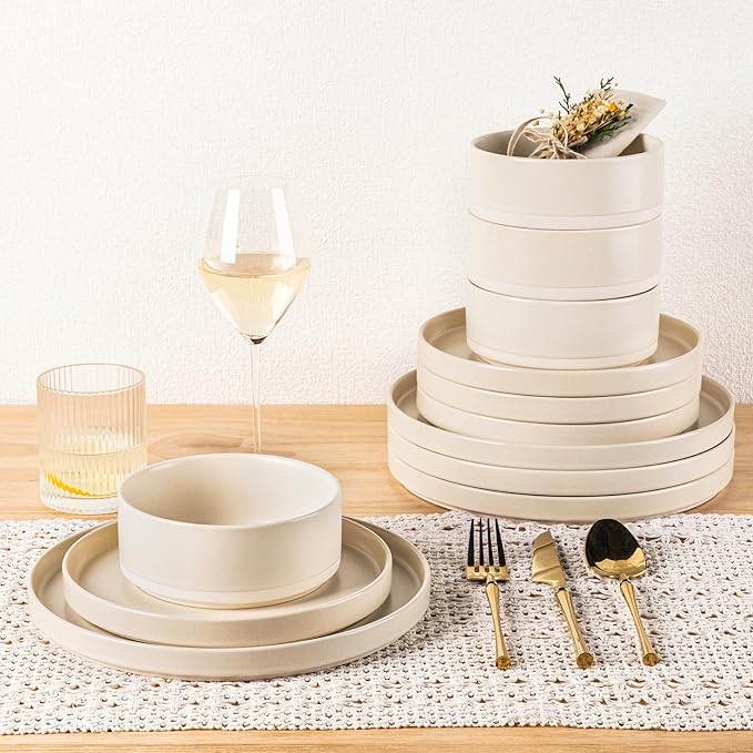 TheTerra Ceramic Dinnerware Sets for 4, 12 Pieces Handmade Reactive Glaze Plates and Bowls Set, Scratch Resistant Dish Set, Oven & Microwave & Dishwasher Safe, Matte White
