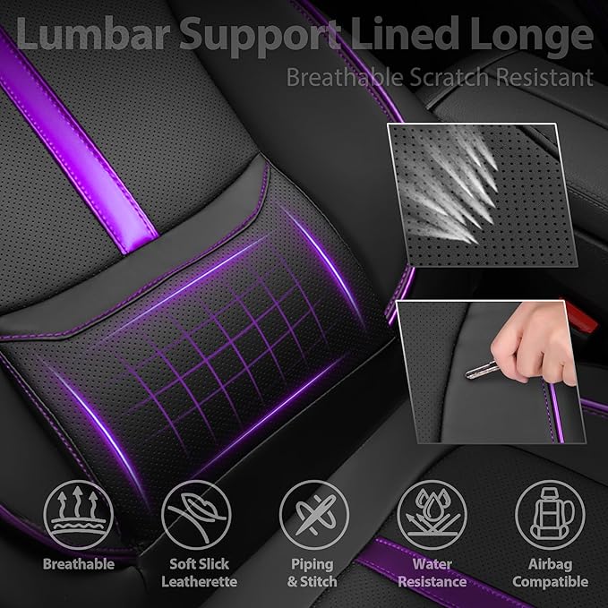 CAR PASS Nappa Leather Car Seat Covers, Water Resistant 3D Foam Faux Leather Seat Covers, Lumbar Support Automotive Seat Covers 2 Front Seats, Comfort & Universal Fit for Cars SUV Truck, Black Purple