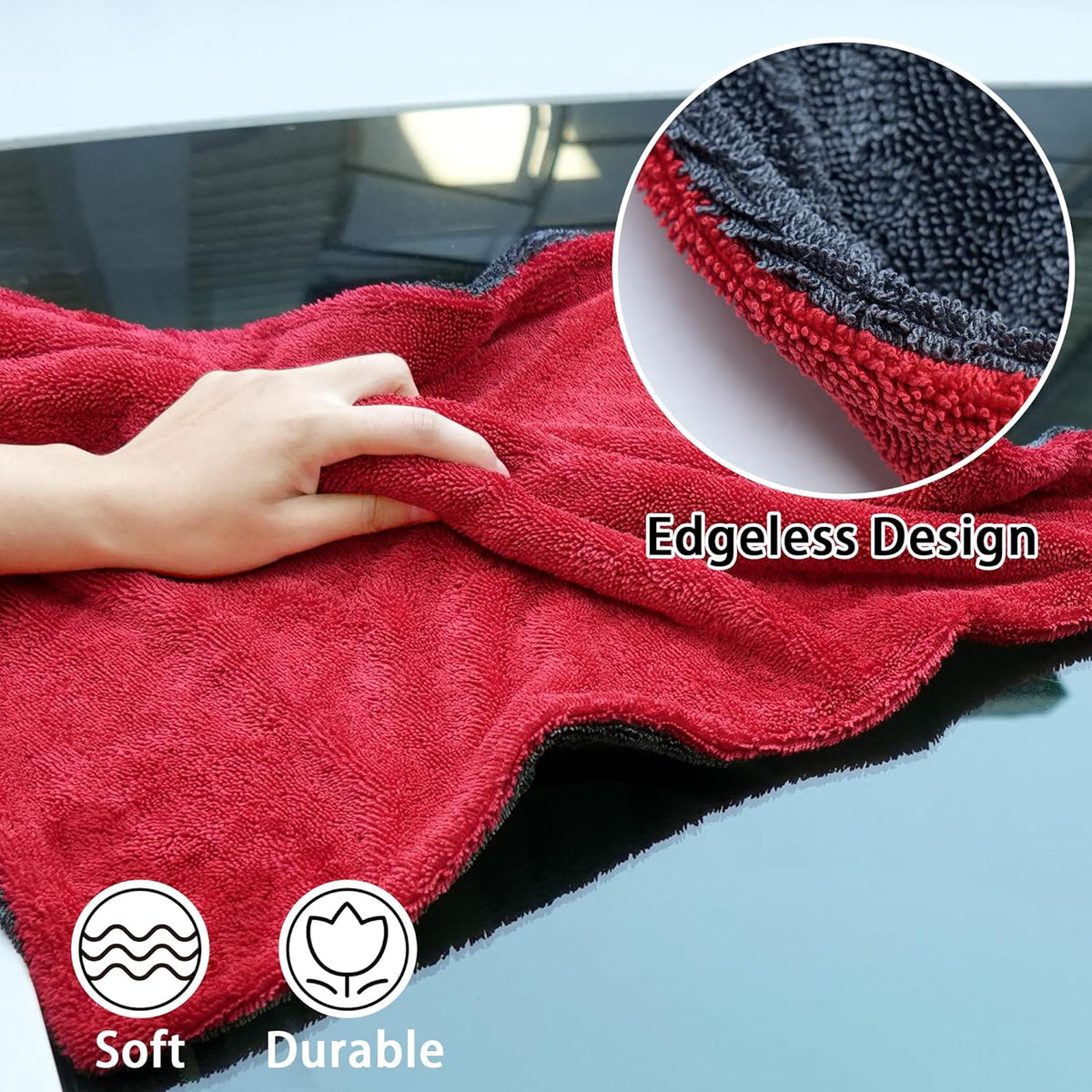 LIVOS Car Drying Towel, Premium Microfiber Towels for Cars, 1000GSM, Edgeless Twisted Loop Design, No Streaks, Scratches, or Water Spot, Absorbent Wash Towel, 18" x 24" (Red&Grey)