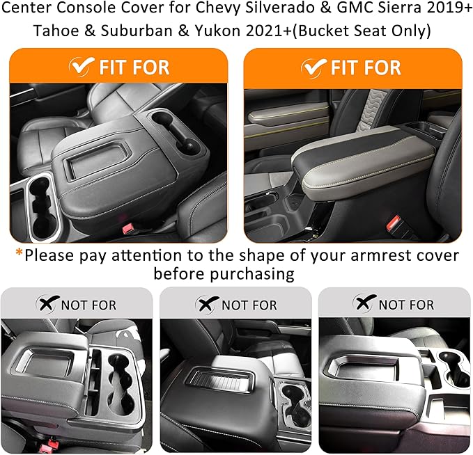 1.2in Thickness Center Console Cover for Chevy Silverado/GMC Sierra 1500 Accessories 2019-2025 2026, Tahoe & Suburban & Yukon 2021-2026 Armrest Cover Leather Cushion Protector Pad Bucket Seat (Black)