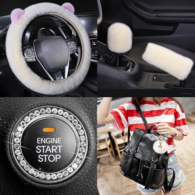 ZYNQACC 9 Pack Cute Bear Fluffy Car Accessories for Women Girls,Kawaii Fuzzy Steering Wheel Cover Universal 15 inch Plush Cute Ears （Beige）
