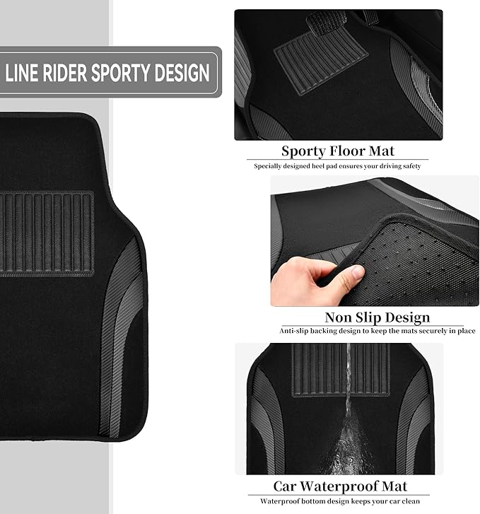 CAR PASS Premium Carbon Fiber Leather Car Seat Covers Full Set and Waterproof Car Floor Mats,Airbag Compatible,Automotive Interior Covers for Sedans,Trucks,Vans,SUV with Car Carpet Mats(Black)