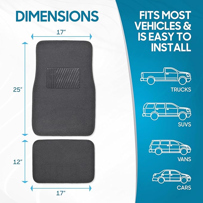 Premium 4 Piece Set of Carpet Car Floor Mats with Vinyl Safety Heel Pad for Car, Truck, SUV, Coupe Sedan, Black (MT-100-BK) Pack of 1
