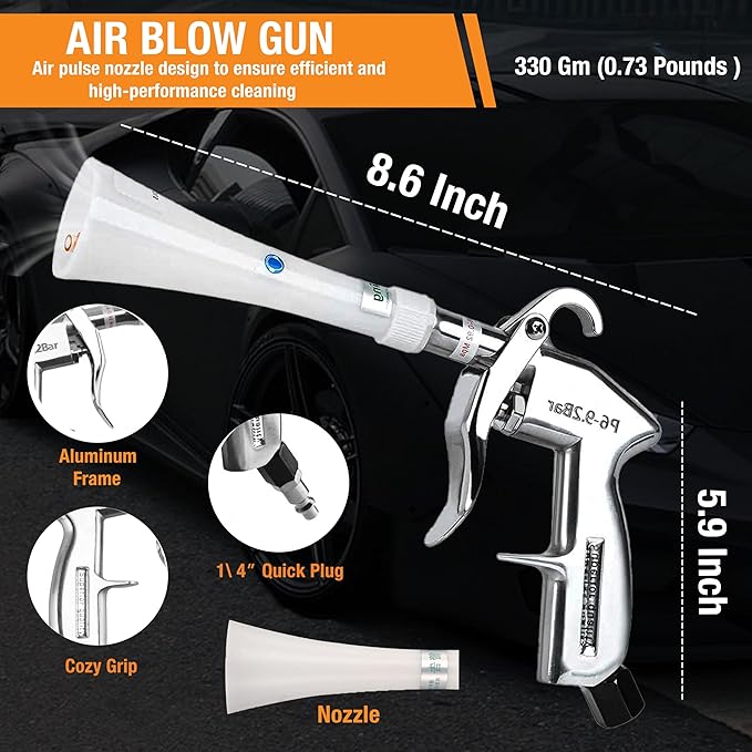 Premium Tornado Air Blow Gun with Nozzle Car Interior cleaning Quickly Blasts Dirt and Dust Dryer Vent Cleaner Wash Kit Hose Car Detailing Supplies Turbo Tool Works with Air Compressor P 6-9.2 Bar
