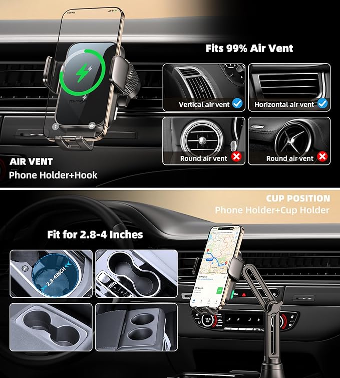 Dual Coil 15W Cup Phone Holder Mount,Wireless Car Charger Auto-Clamping Fast Charging Vent Phone Holders for Your Car for iPhone 17/16/15,Samsung Flip S25 S24 S23 S22 Ultra