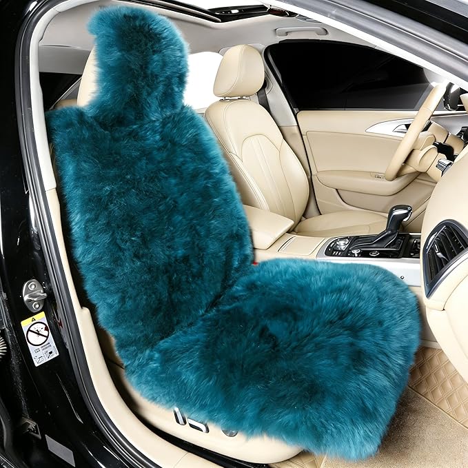 Fluffy Genuine Sheepskin Car Seat Cover-Fuzzy Real Fur Auto Cushion-Universal Fit Soft Long Wool Pad for Front Driver Accessories Protecter Truck, SUV, Van (Peacock Blue, 1 Pcs Front Seat Cover)