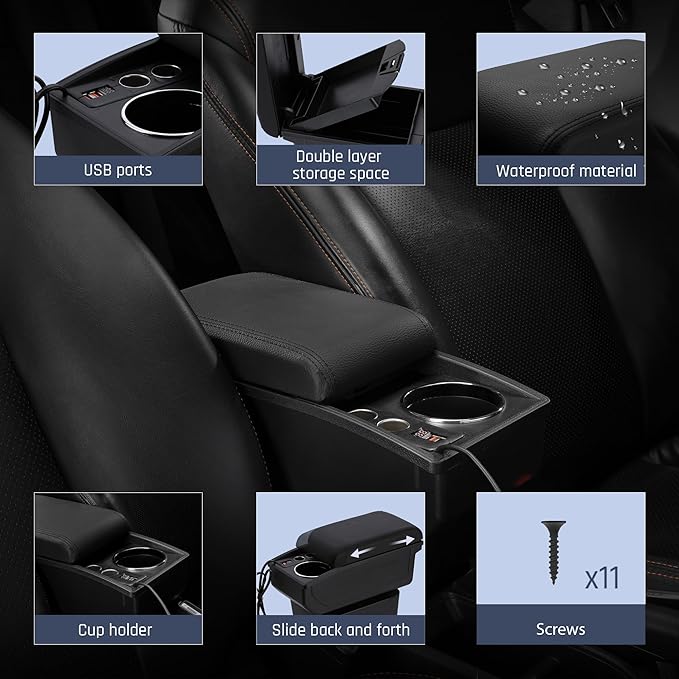 YJYWZH Car Armrest Box Fit for Ford Fiesta 3 2011-2019 MK7 Accessories Center Console Cup Holder Double Layer Storage Organizer Box with 2 USB Fast Charging Ports, Black Stitches