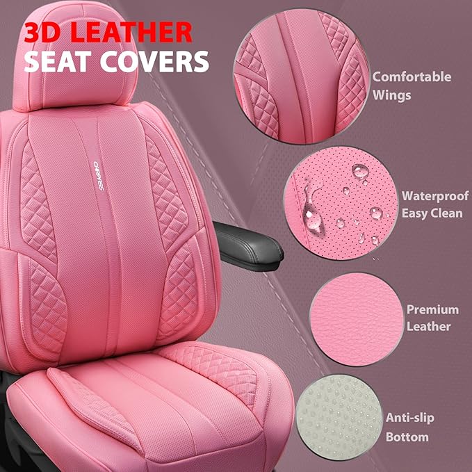 CAR PASS Nappa Pink PU Leather Car Seat Covers Full Set Cute for Women Waterproof Cushioned,Universal Fit for Sedan SUV Pick-up Truck,Automotive, Anti-Slip Front and Backseat Luxury Premium (Pink)