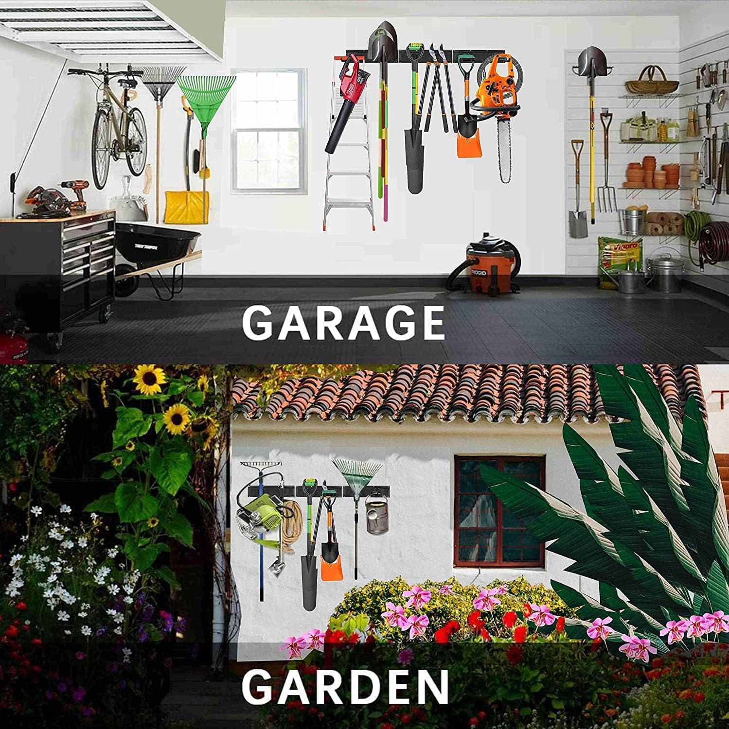 Garage Organizer Wall Mount, 64 Inch Garage Storage Organization, 20PCS Heavy Duty Garden Tool Organizer, Adjustable Tool Storage Rack Hooks, Yard Shed Tool Organizer, Hold Max 900 lbs