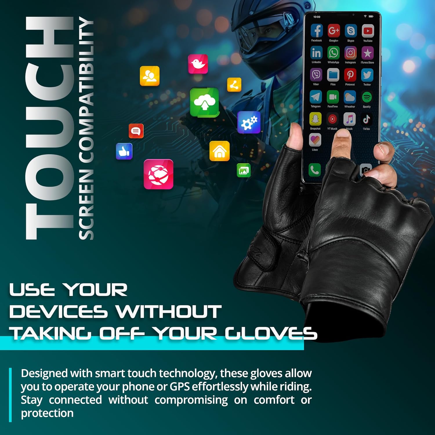 aasportx Motorcycle Gloves - Men's Leather Motorbike Gloves with Touchscreen Function - Non-Slip Pads for Men & Women