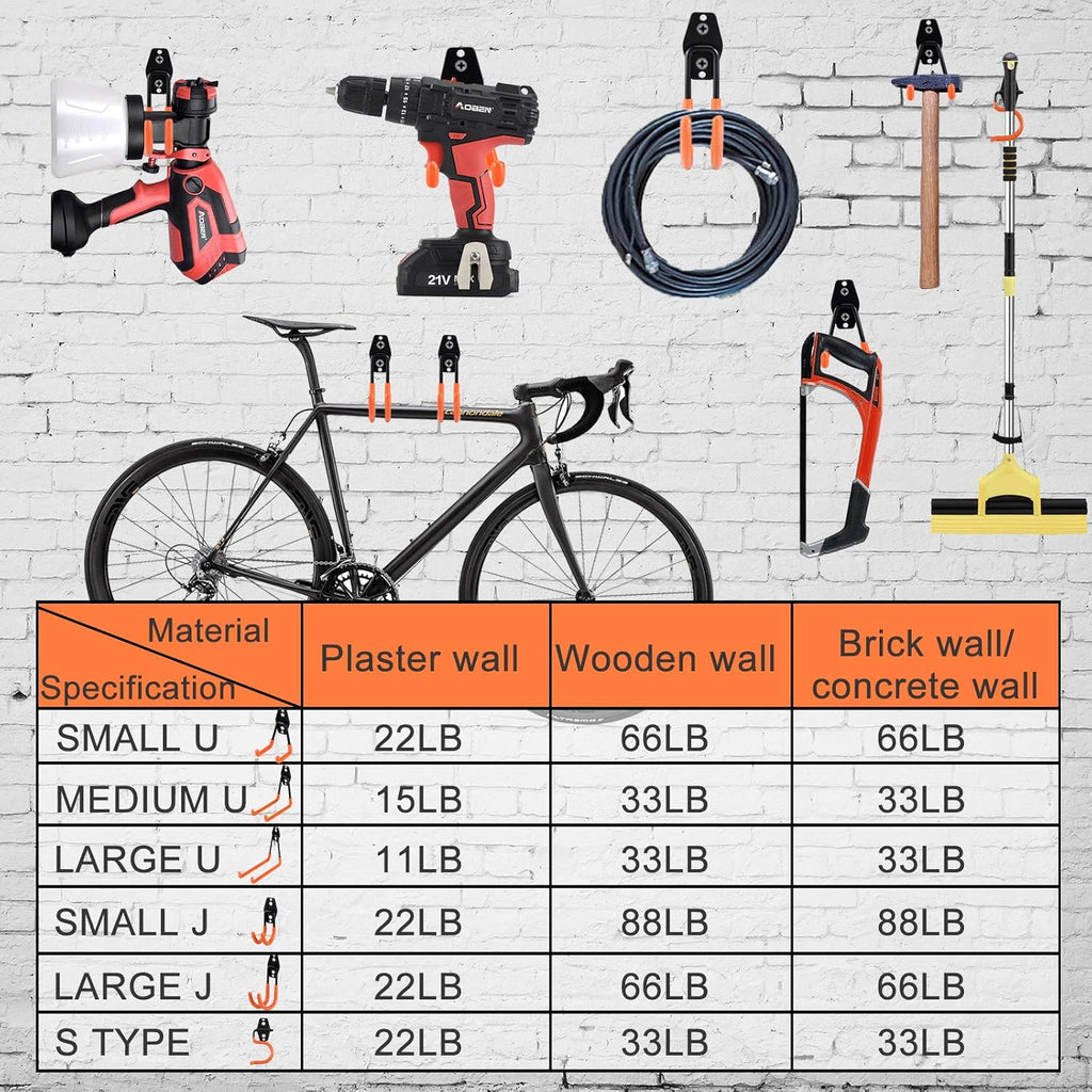 AOBEN Garage Hooks Heavy Duty, Steel Garage Storage Hooks, Utility Tool Hangers and Combinable Wall Mount for Organizing Ladders, Bikes, Hoses, and More Equipment (Small J, 4 Pack)