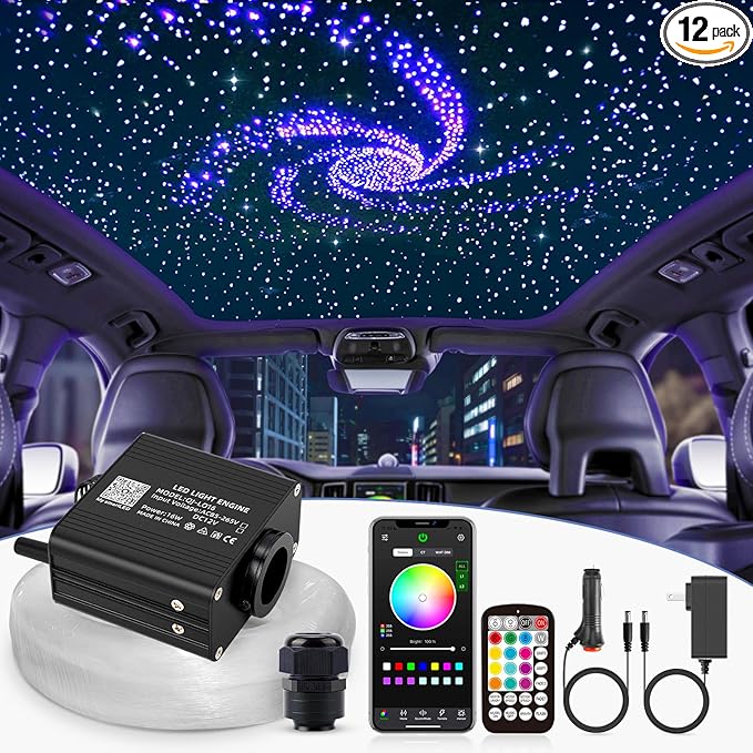 16W Twinkle Starlight Headliner Kit, 400pcs of (0.03+0.04+0.06in)*9.8ft Fiber Optic Strands Bluetooth APP/Remote/Music Control, RGBW Star Ceiling Light Kit+Adapter+Car Use Plug for Car