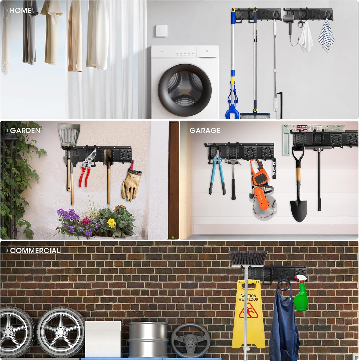 Garage Organization Garage Wall Organizer-Garage Tool Organizer Wall Mount 48in with Adjustable Metal Hooks,Max 440Lbs Yard Tool Organizer,Garden Tool Storage for Shovels Broom Folding Chair,Black