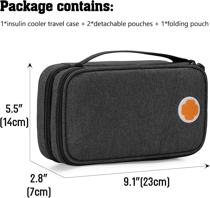 CURMIO Insulated Insulin Cooler Travel Case, Double Layer Diabetic Supplies Storage Bag with Detachable Pouches for Diabetic Medication and Ice Packs, Black, Empty Bag Only