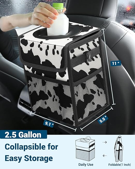 Capolo Car Trash Can with Lid, Leakproof Car Trash Bag Hanging Waterproof Automotive Garbage Can with Storage Pockets Mini Vehicle Trash Bin for Back/Front Seat(Cow Print,2.5 Gallon)