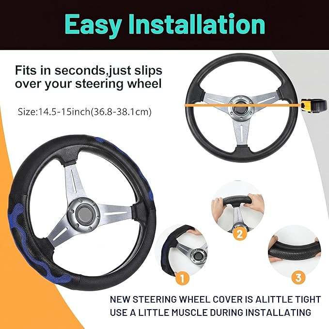 15 Inch Truck Steering Wheel Cover Leather Wheel Semi-Truck Comfy Grip Cover Anti Slip Car Accessory, Fits Rv, Big Rig and Classic Car (Blue, Classic Style)