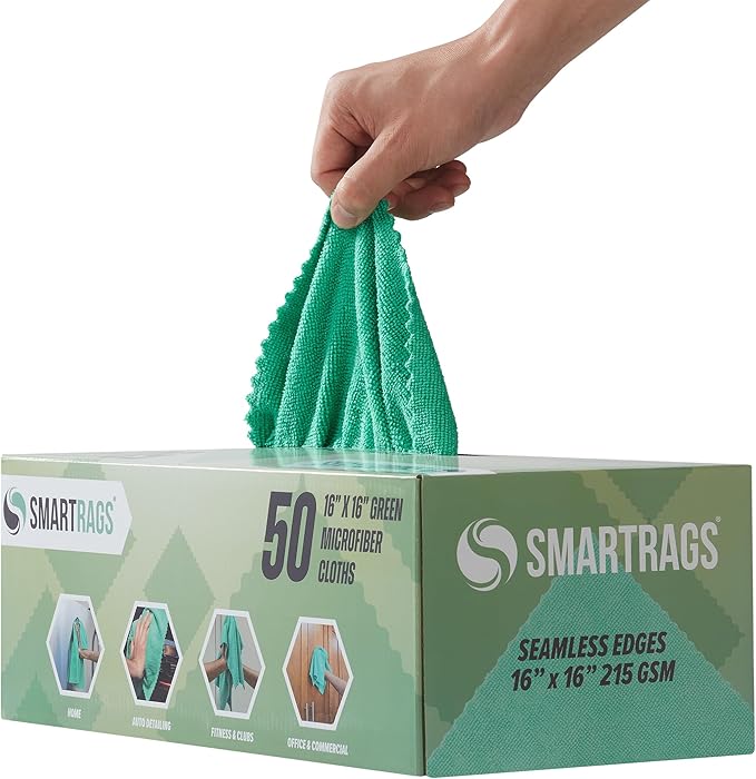 Arkwright Smart Rags Microfiber Cleaning Cloths, Pack of 50 in a Box, Lint Free 215 GSM Reusable Towels for Auto, Office and Household Cleaning, 16 x 16 in, Green
