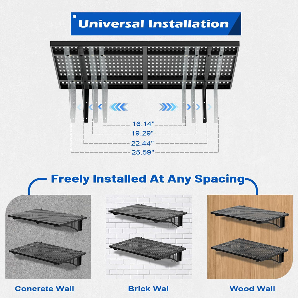 YOLENY 2-Pack 2x3FT Adjustable Heavy Duty Garage Wall Shelving, 500lbs Load Capacity Wall Mount Storage Shelf, Garage Storage Rack with Hooks, Metal Floating Shelves Organizer for Workshop
