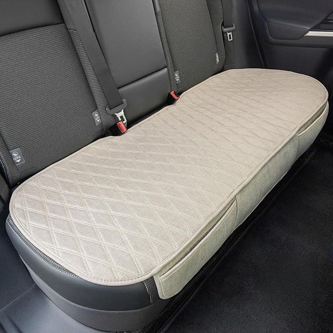 Universal Auto Faux Linen Back Car Seat Cover Beige - Breathable Rear Seat Protector with Non-Slip Bottom Size M - Diamond Stitched Bench Seats Cushion for Vehicles Cars Van SUV Truck